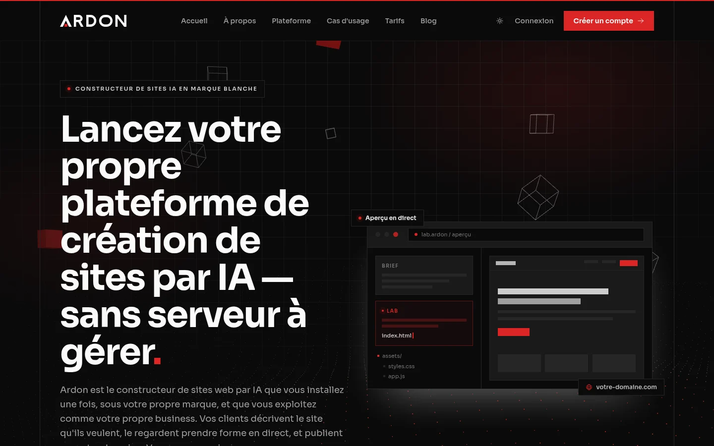 Page d'accueil d'Ardon : « Lancez votre propre plateforme de création de sites par IA » et l'aperçu d'un projet dans Lab