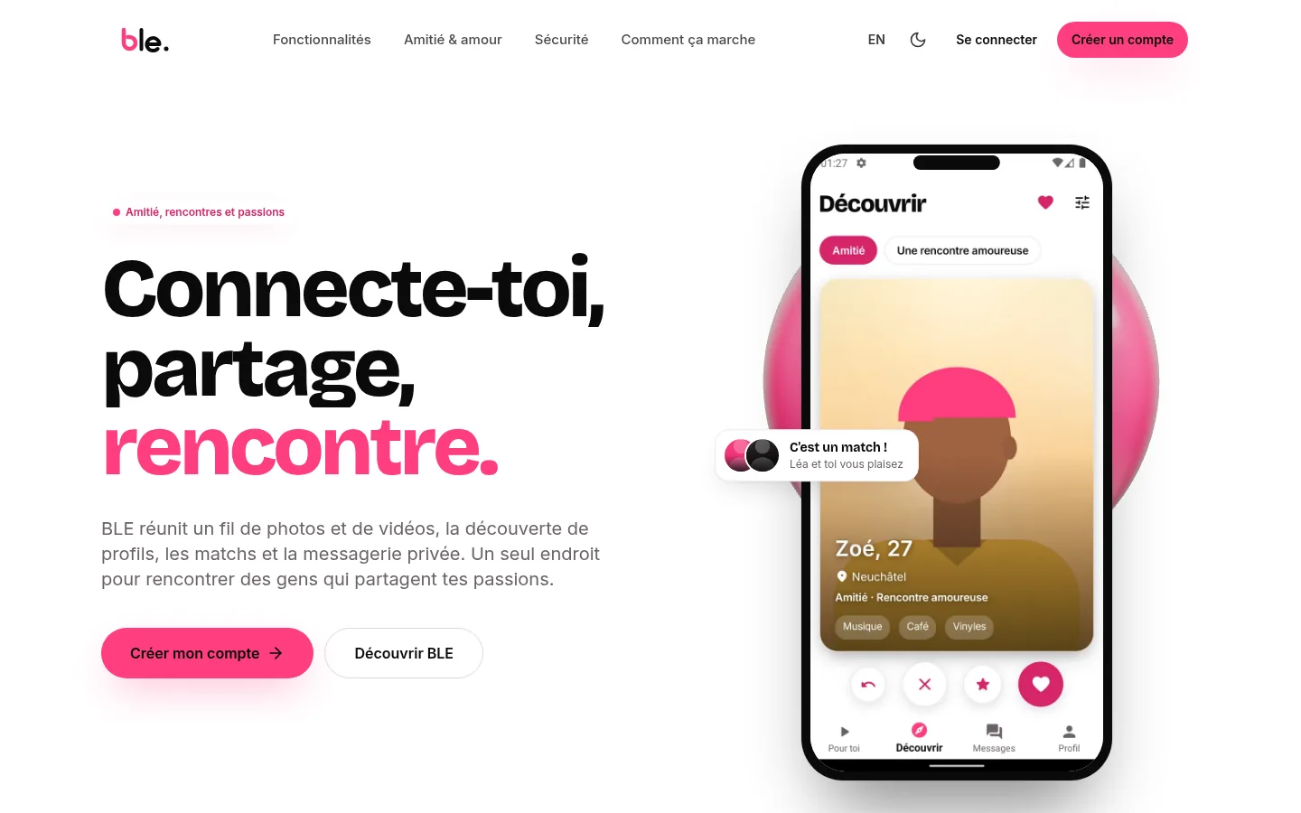 Page d'accueil publique de Ble&nbsp;: « Connecte-toi, partage, rencontre. »