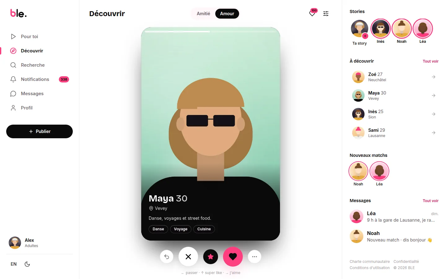 Ble sur ordinateur : la carte de profil à faire glisser, la bascule Amitié / Amour, les stories, les nouveaux matchs et les messages