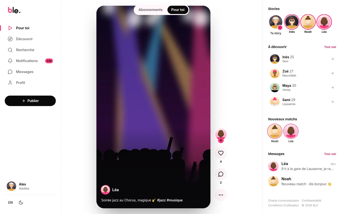 Le fil vertical « Pour toi »&nbsp;: une publication avec hashtags, likes et commentaires