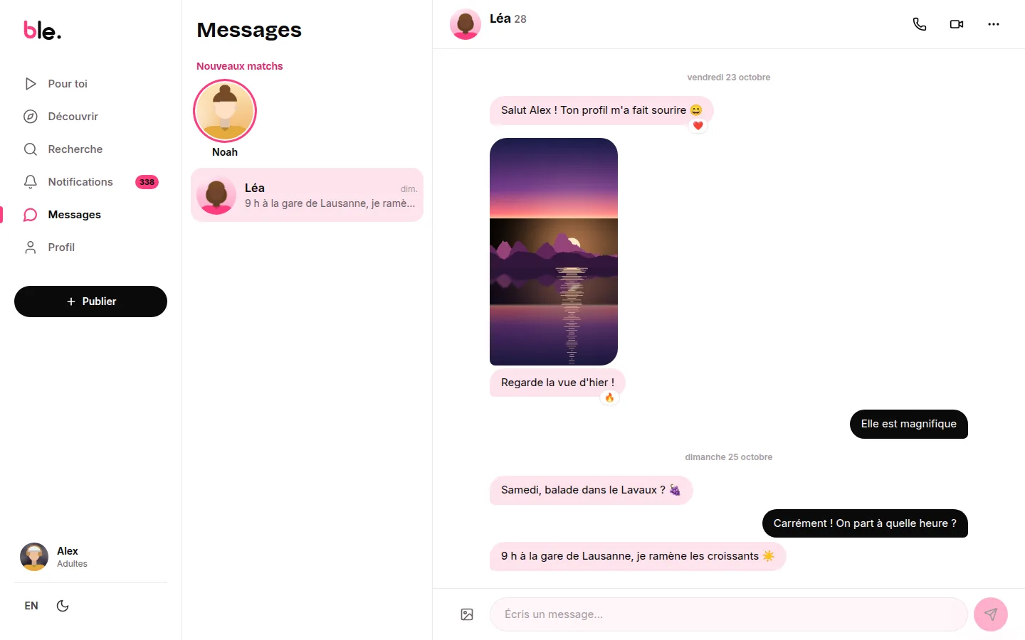 La messagerie&nbsp;: nouveaux matchs, conversations, réactions et boutons d'appel audio et vidéo