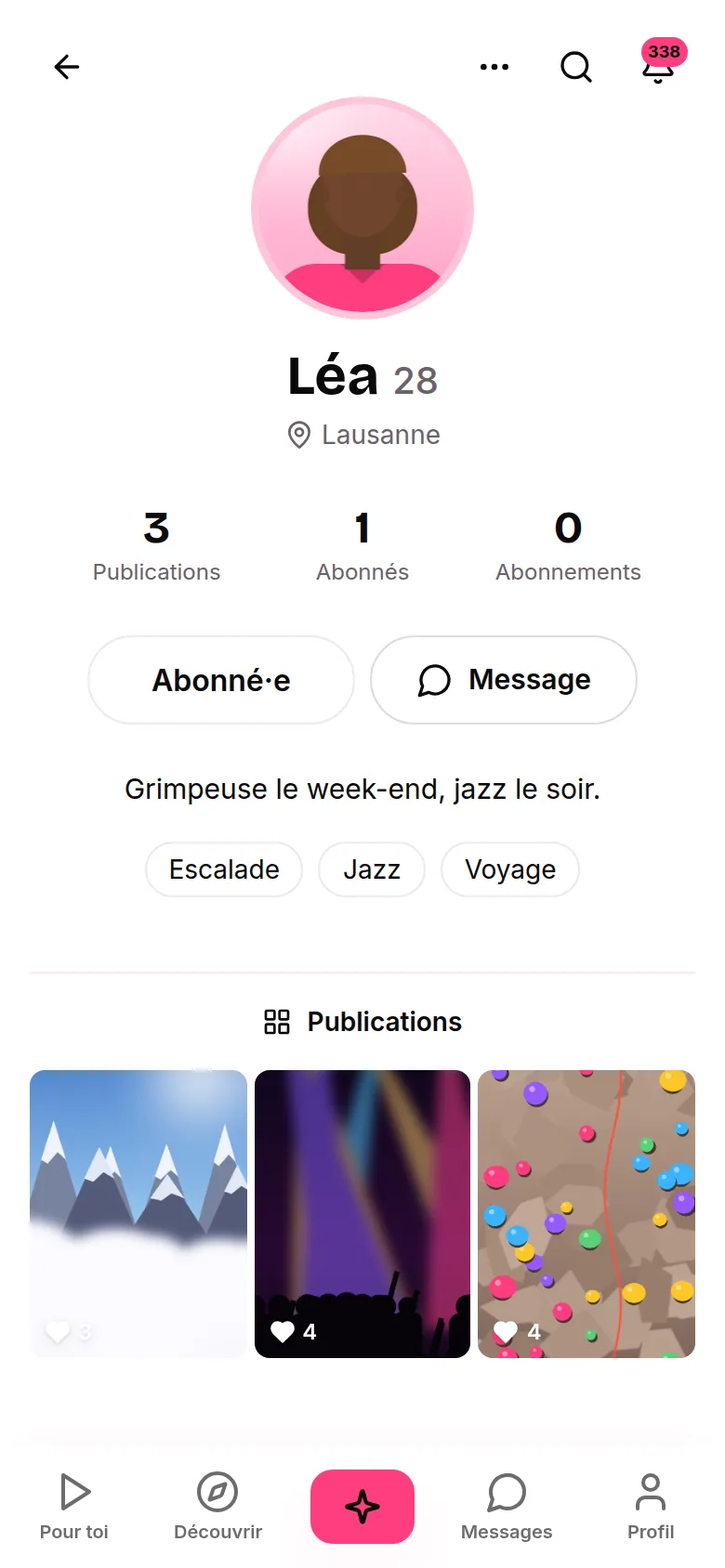 La page d'un membre sur mobile&nbsp;: compteurs, centres d'intérêt et publications