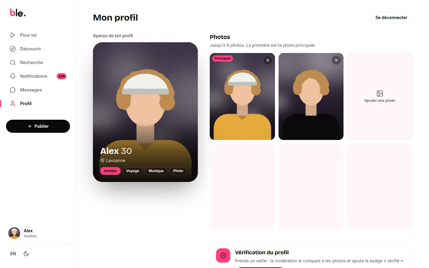 Mon profil&nbsp;: aperçu de la carte, six photos et vérification du profil
