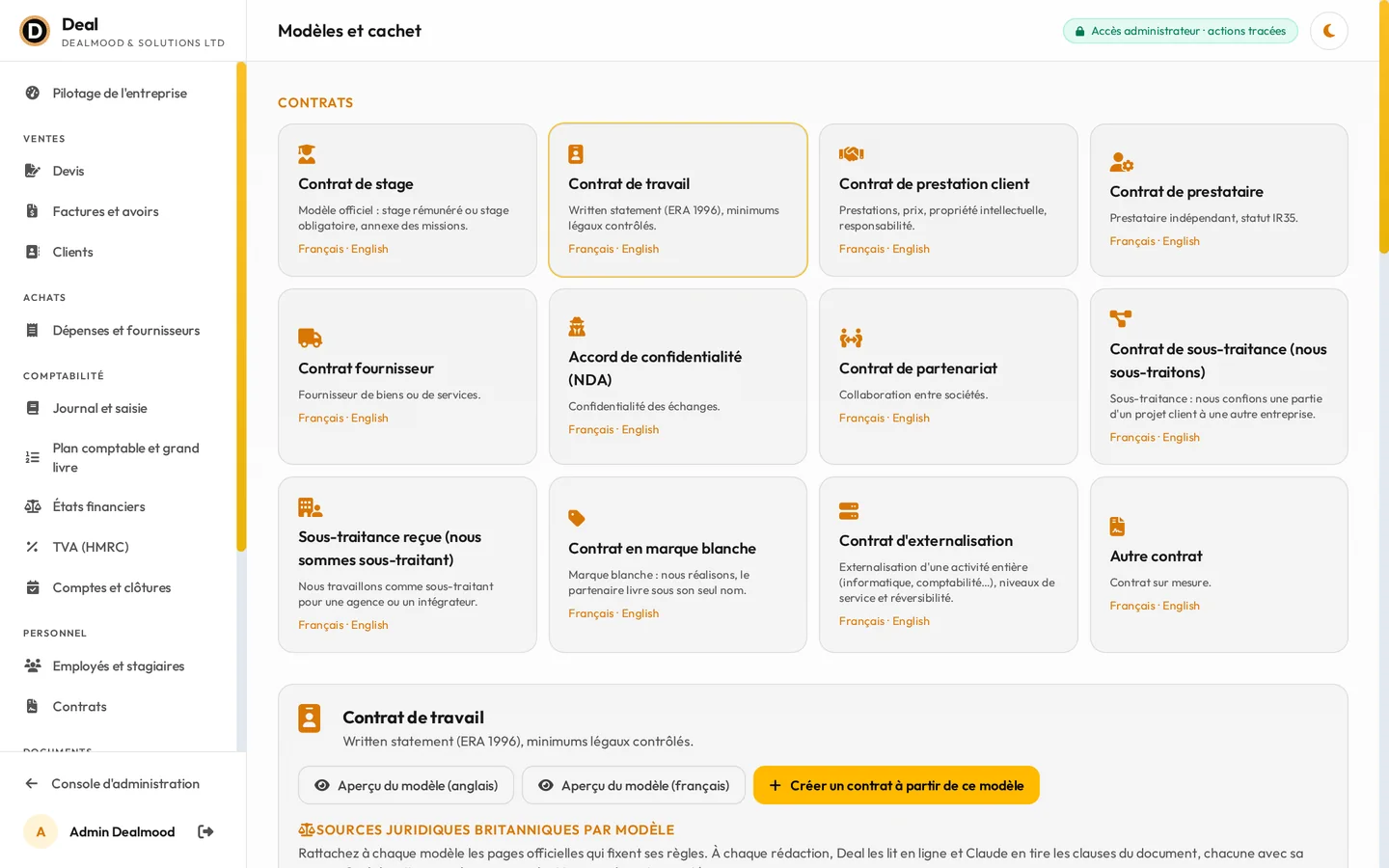 Die Vertragsvorlagen: Praktikum, Arbeitsvertrag, Kundenauftrag, Auftragnehmer, Lieferant, Vertraulichkeit, Partnerschaft, Unterauftrag, White Label und Auslagerung, auf Französisch und Englisch