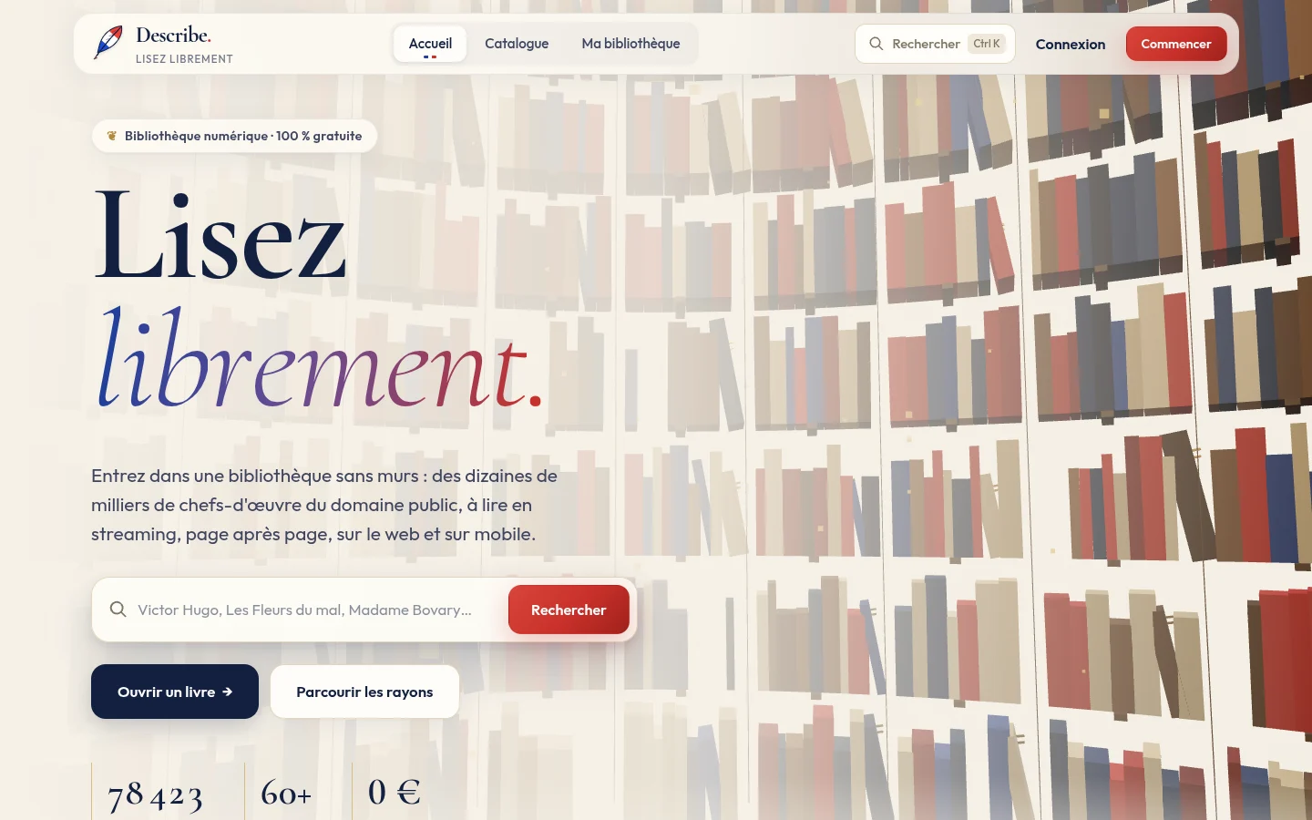 Describe on desktop: the home page and its library