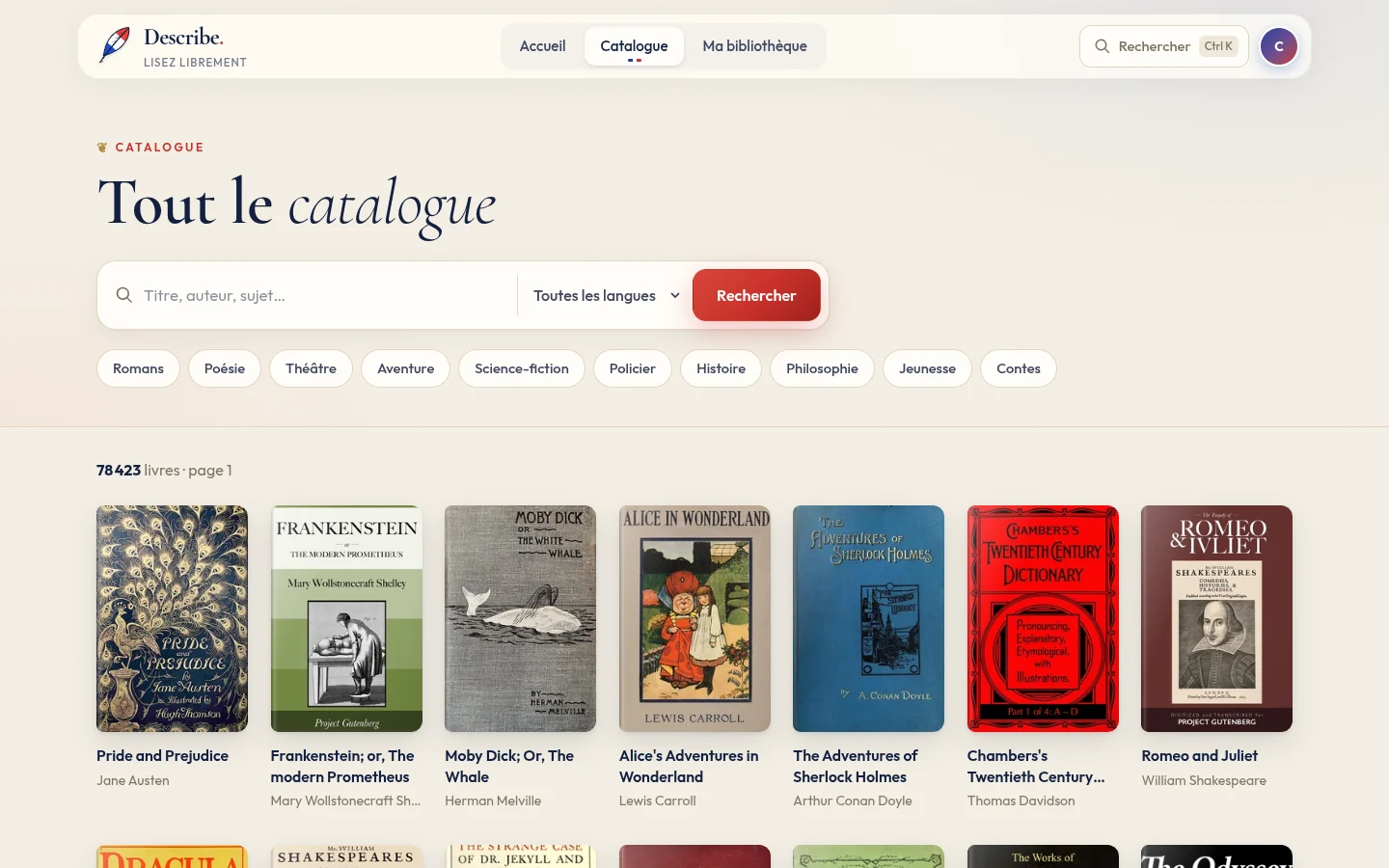 The catalogue: 78,423 books, search, language filter and themes