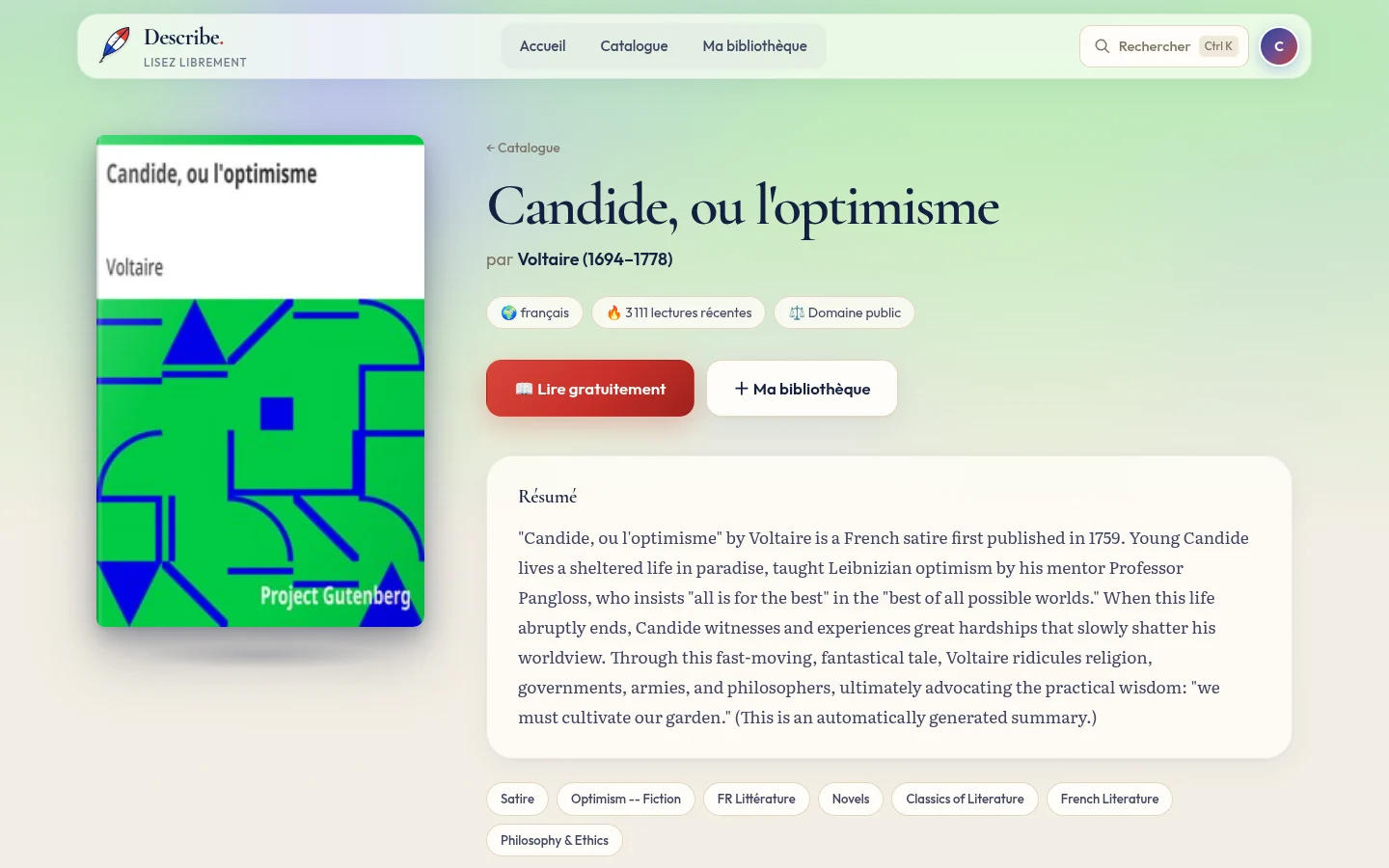The page for Candide, by Voltaire: summary, subjects, “Read for free” and “My library”