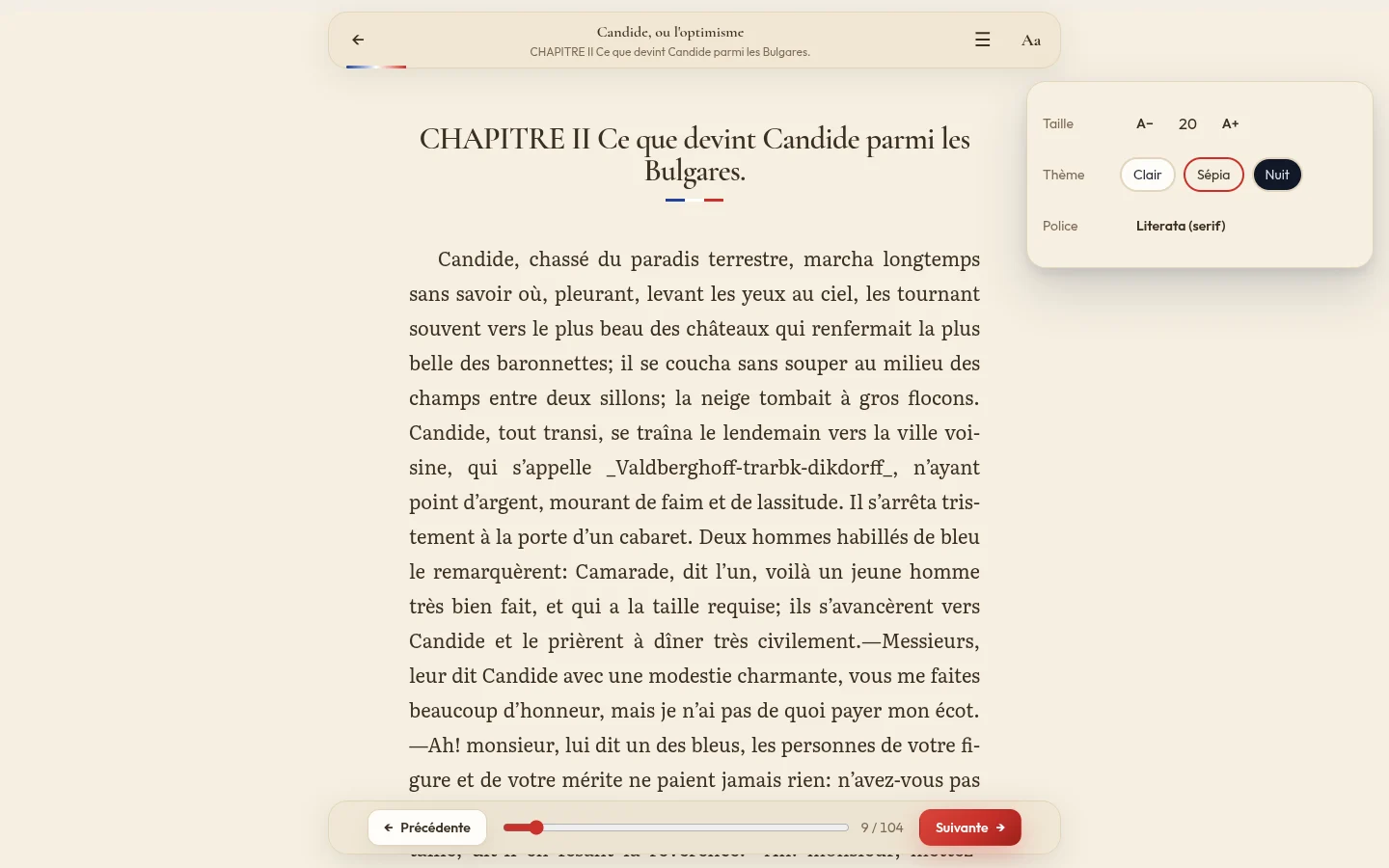 The reader in sepia theme with its settings: text size, themes, font