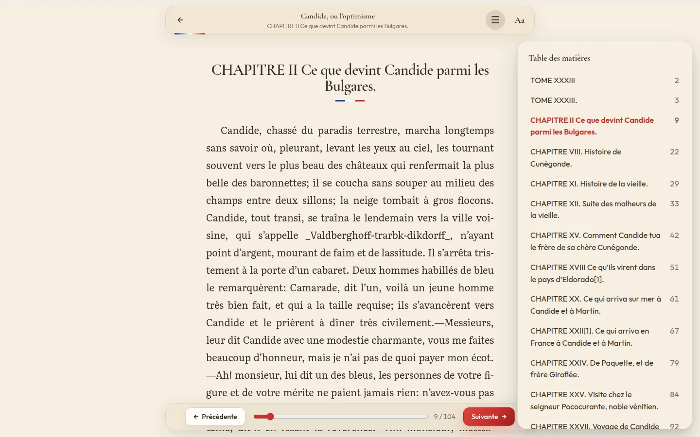 The table of contents open, with the current chapter highlighted