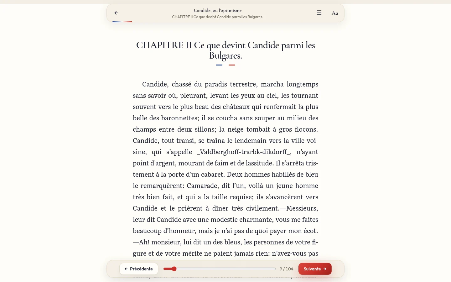 The full-screen reader: Candide, chapter II, page 9 of 104