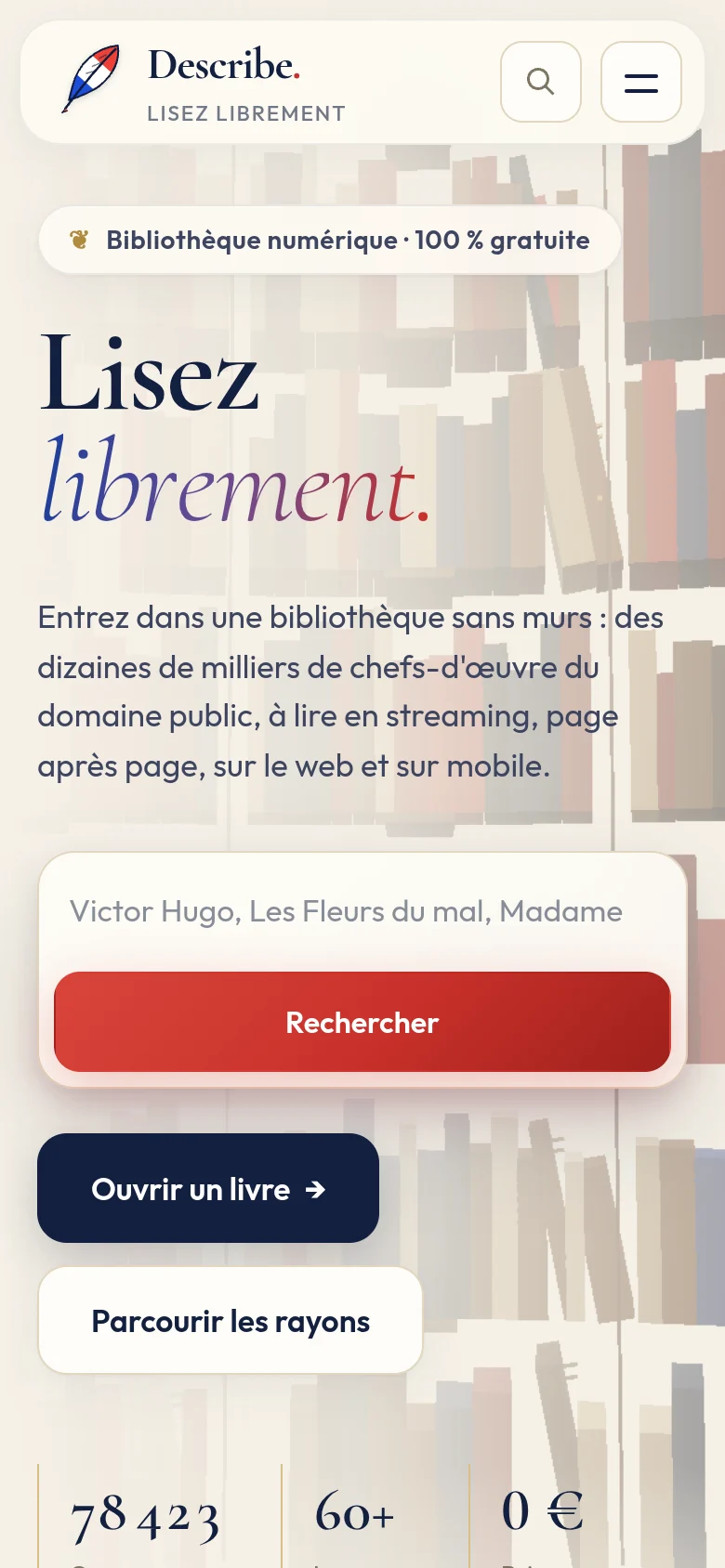 The Describe home page on mobile