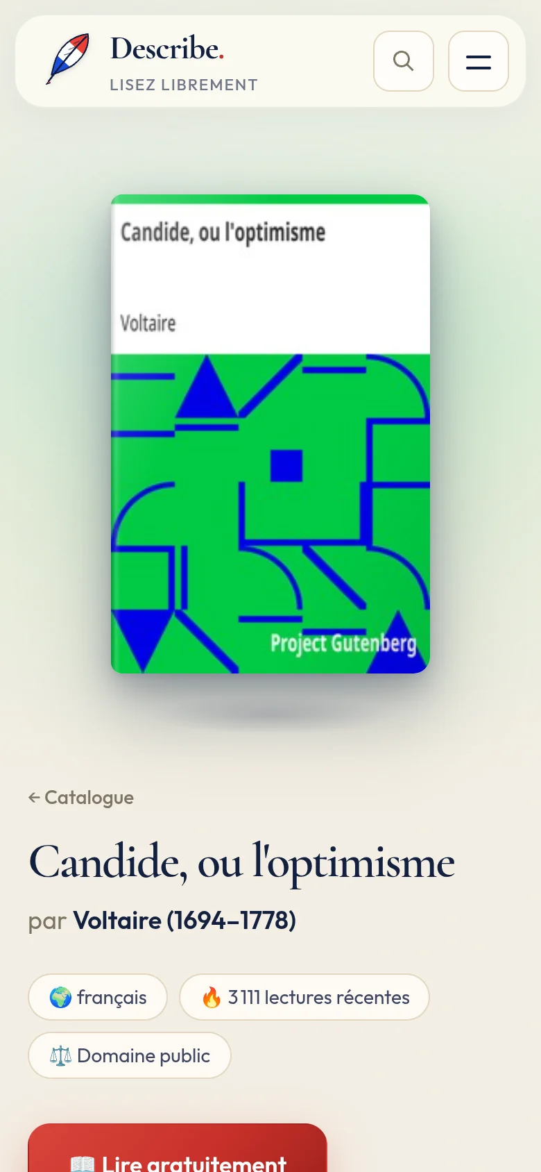 The page for Candide on mobile