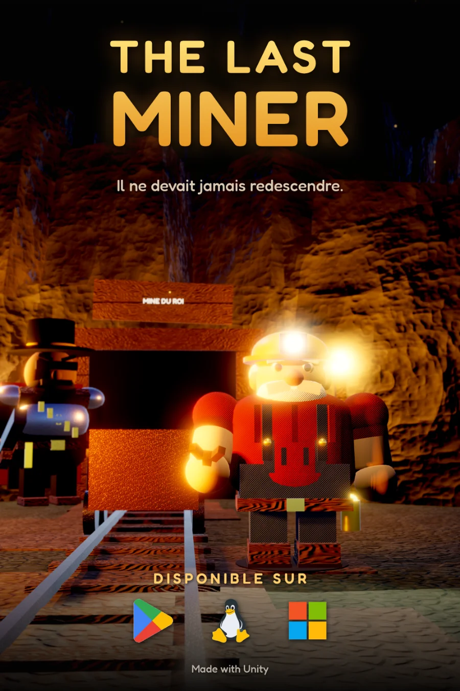 Affiche de The Last Miner : Papounet, lampe frontale allumée, à l'entrée de la Mine du Roi, suivi par un bandit