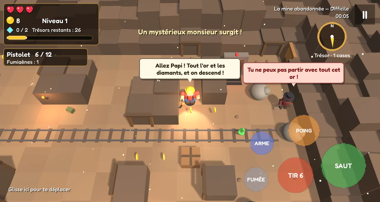 La mine abandonnée sur mobile, avec le joystick et les boutons tactiles