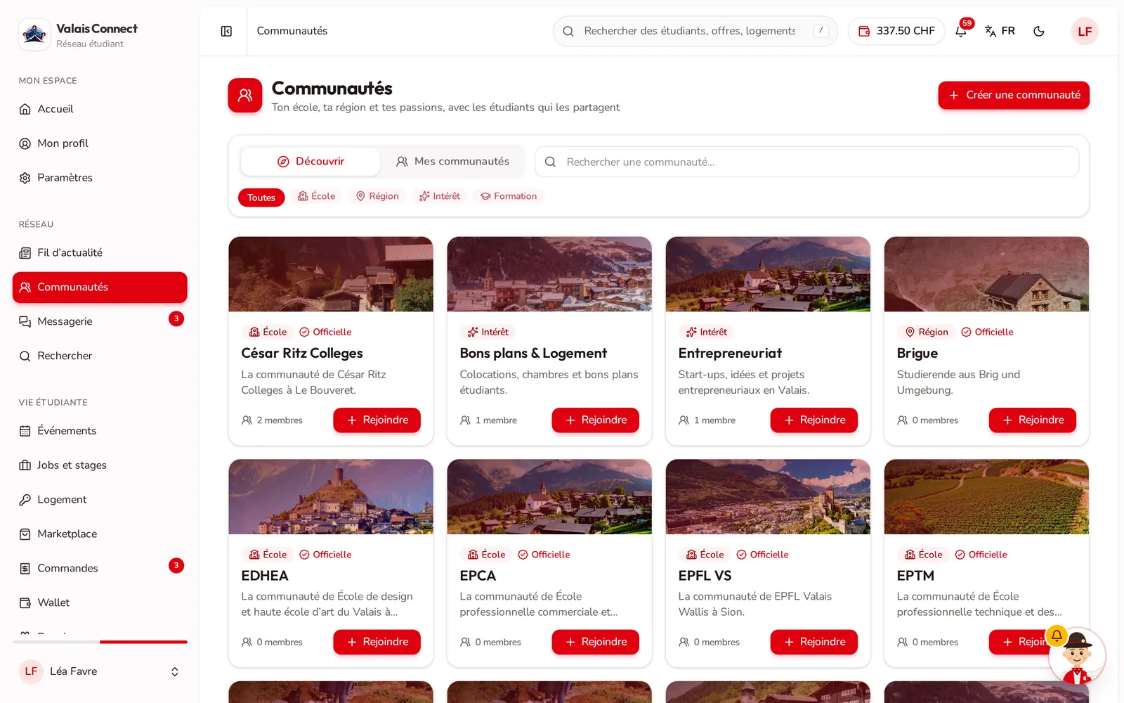 Valais Connect: pagina delle community per scuola, regione e interesse