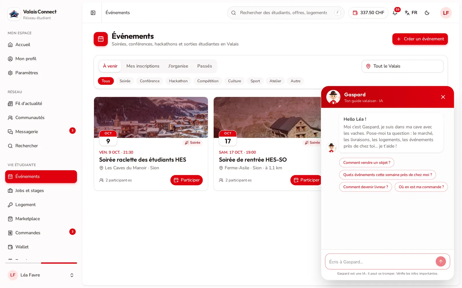 Valais Connect: l'assistente Gaspard aperto sulla pagina degli eventi