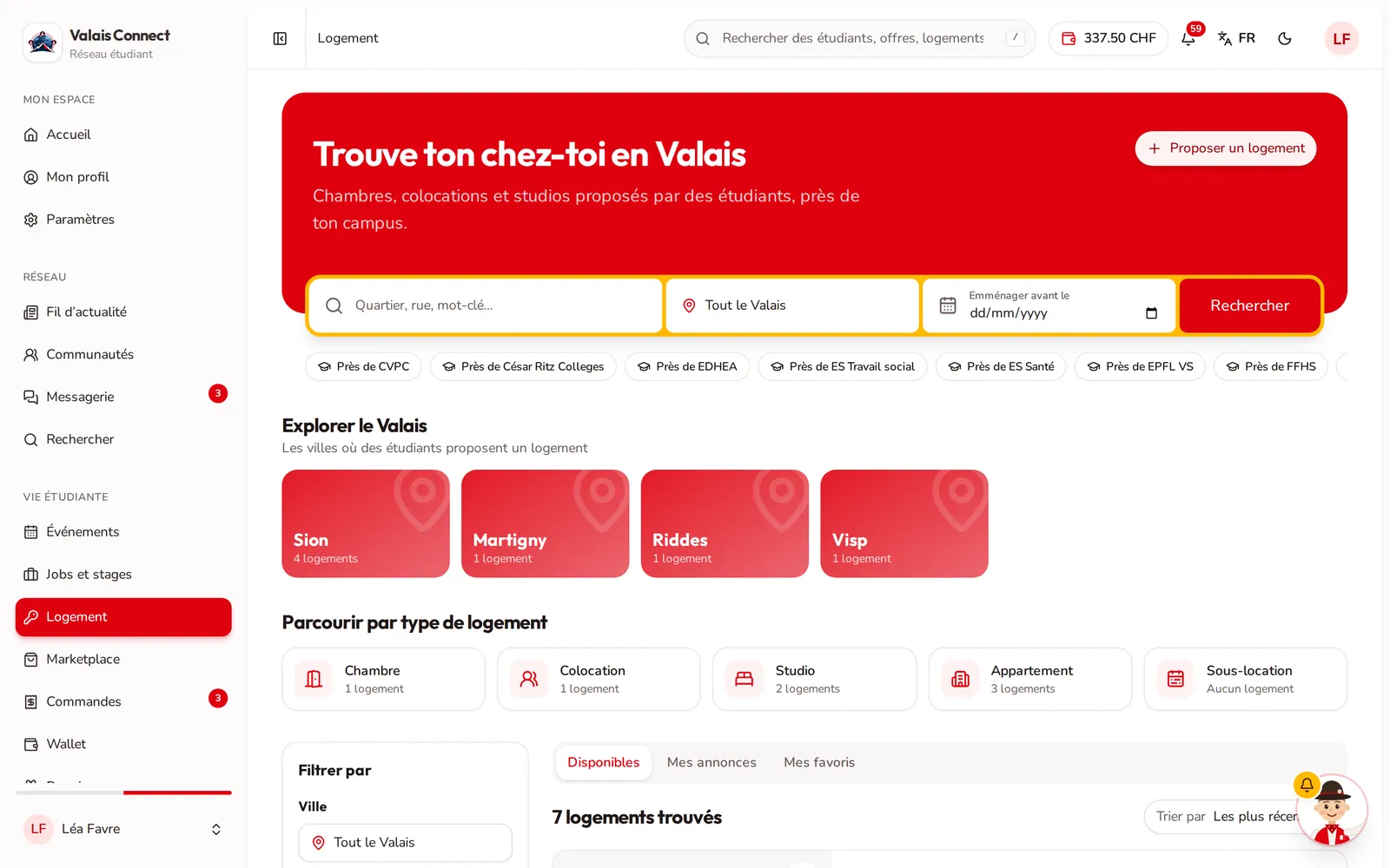 Valais Connect: ricerca di alloggi per studenti per città e per campus