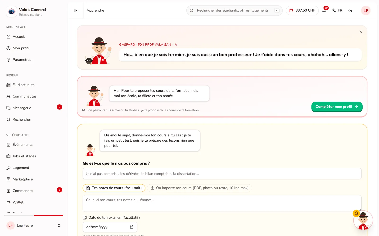 Valais Connect: il tutor IA Gaspard nella sezione Impara
