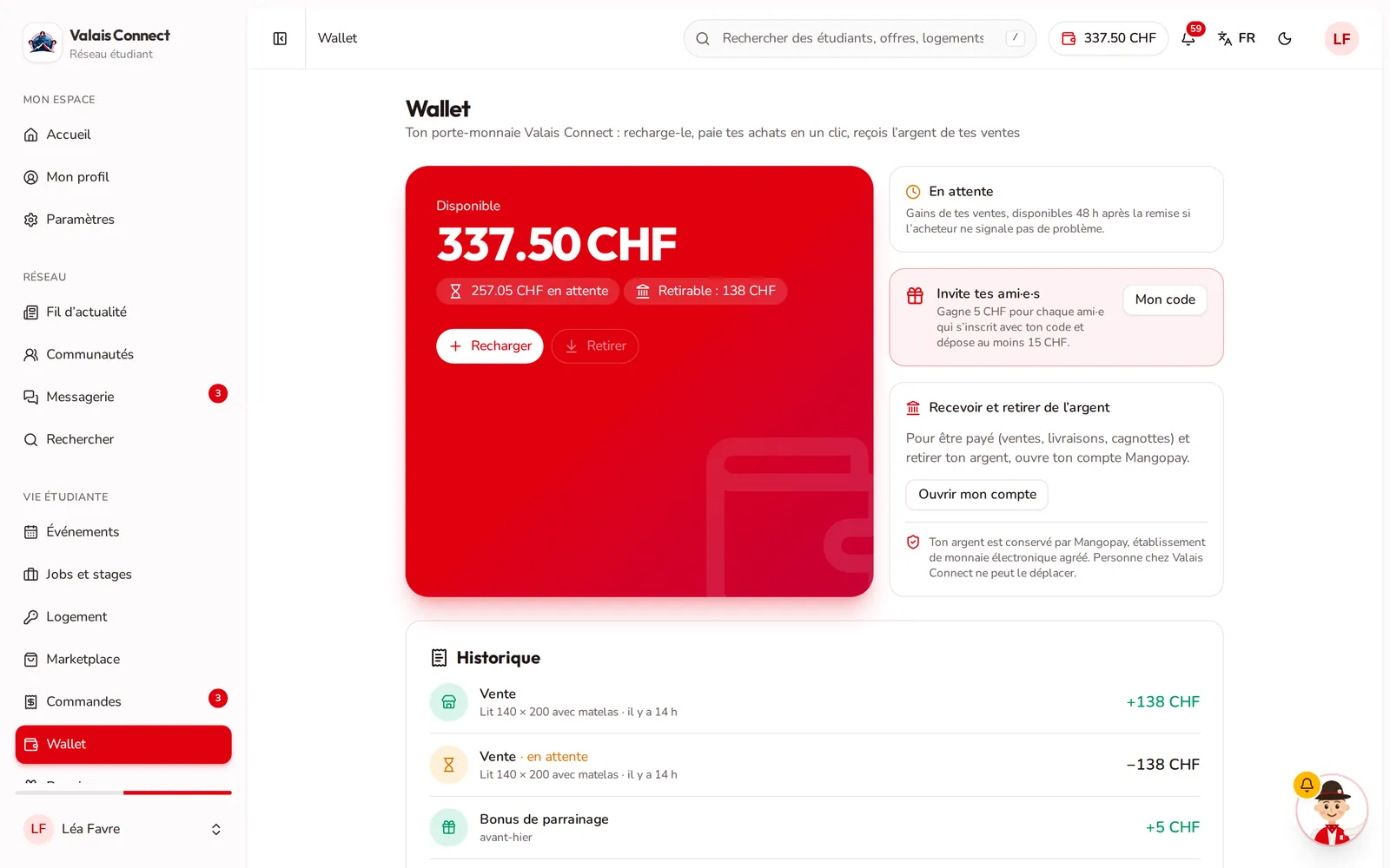 Valais Connect: portafoglio e cronologia delle transazioni