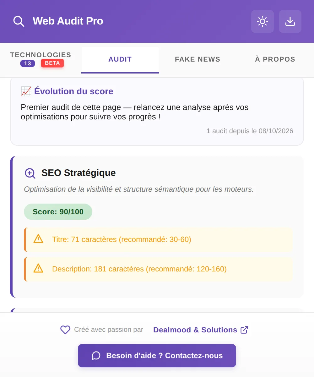 Web Audit Pro: analisi SEO con raccomandazioni su titolo e descrizione