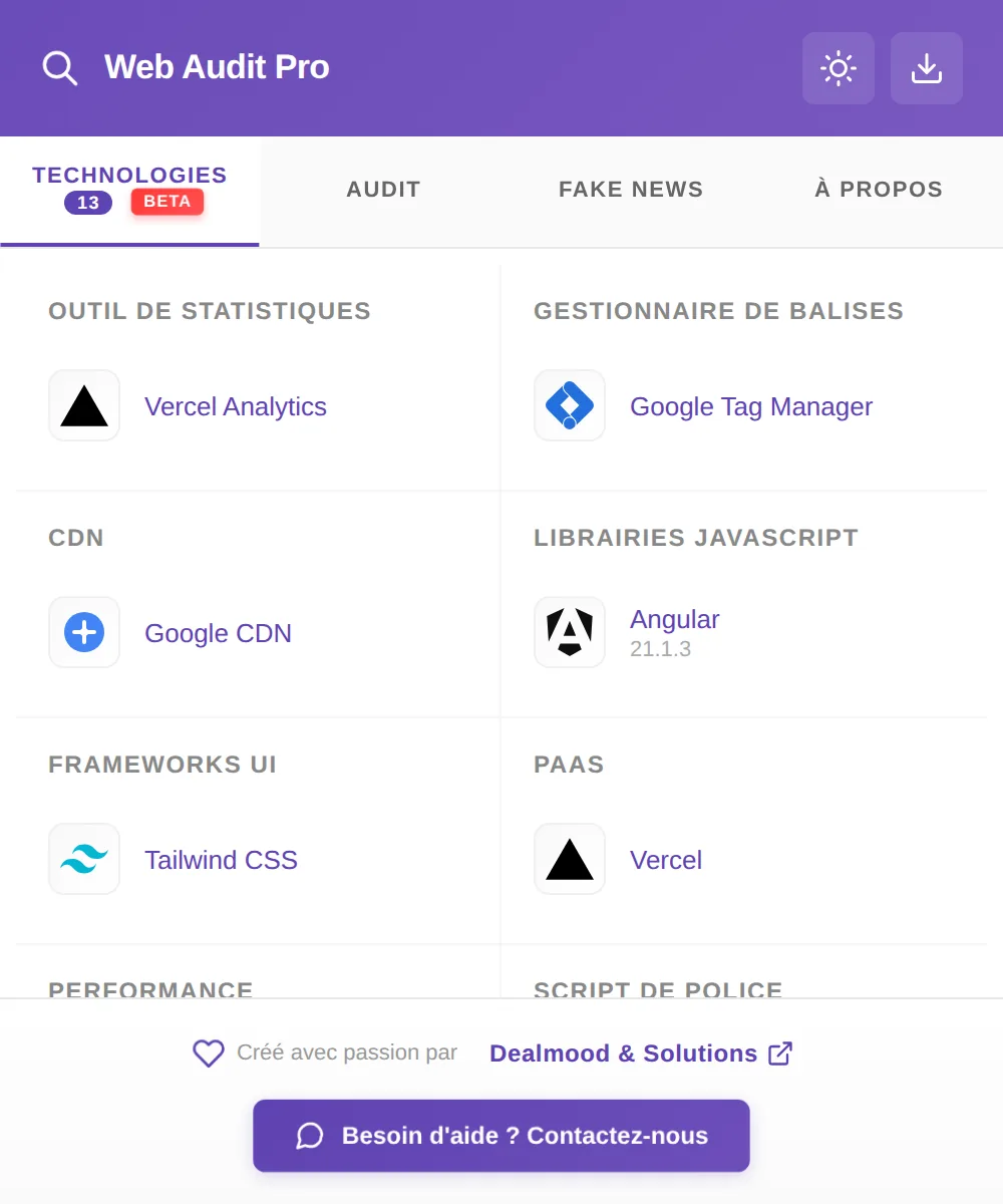 Web Audit Pro: tecnologie rilevate su dealmood-solutions.com (Angular, Tailwind CSS, Vercel…)